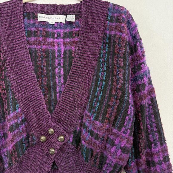 Vtg Tony Lambert Cardigan Women M Purple Plaid Mohair Blend Chunky Indie 80s 90s - Picture 11 of 12